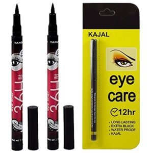 Calitate24 2pcs Liquid Black Eyeliner Pen Extra Shine & Long Lasting Matte Texture Eyeliner Waterproof Stamp Wing Liner-Winged Eyeliner for Girls & Women with 1 Bold Black Long Lasting Eye Kajal