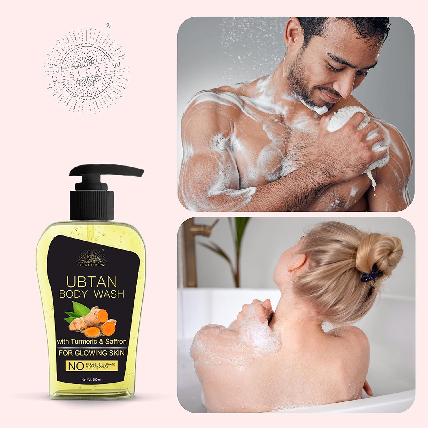 Desi Crew Ubtan Body Wash for Tan Removal and Glowing Skin - With Almond, Safron & Turmeric Extract (Pack Of 1 Bottle 300 ml)