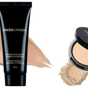 FACESCANADA Weightless Light Coverage Matte Finish Foundation For Oily Skin oil Mini,18Ml,Natural 02,1 Count&Weightless Stay Matte Compact Powder Vitamin E&Shea Butter,Spf 20 Natural 02,9G,Pack Of 1