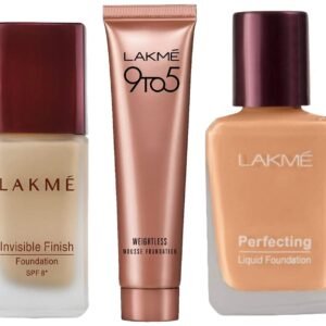 LAKMÉ Invisible Finish SPF 8 Light Coverage Natural Dewy Finish Foundation, Shade 04 & 9 to 5 Weightless Mousse Foundation Mini & Perfecting Liquid Foundation, 27 ml For All Skin Types