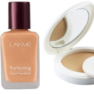 LAKMÉ Invisible Finish Spf 8 Liquid Natural Full Coverage Foundation, 25 Ml&Pr Skin Lightening Compact Spf 23 If 8G & Perfecting Foundation, Shell, Waterproof Dewy Finish Glow, 27 Ml, 3 Count