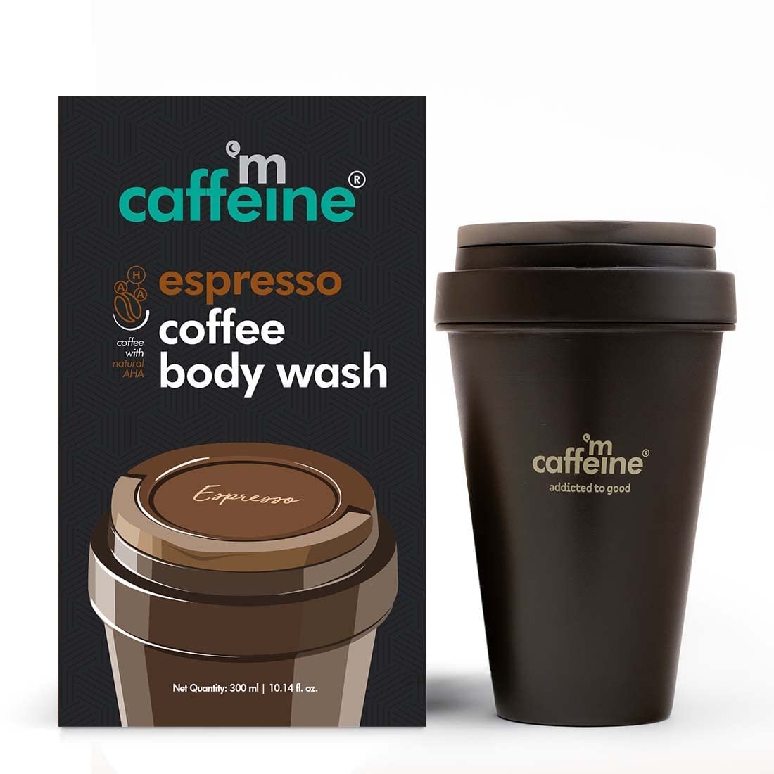 M caffeine Exfoliating Espresso Coffee Body Wash with Natural AHA | Tan Removal Body Wash for Soft & Smooth Skin | Energizing Shower Gel for Men & Women | 300ml in Coffee Cup