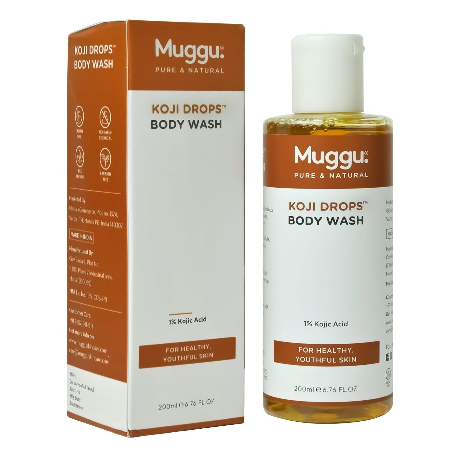 Muggu Skincare Koji Drops Body Wash with Kojic Acid | Body Wash for Dark Spots and Pigmentation | For Youthful Skin - 200ml
