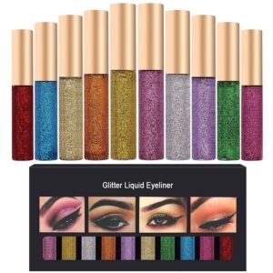 My Colors Glitter Liquid Eyeliner 10 Colors Glitter Eyeliner Metallic Shimmer Glitter Eyeshadow Sparkling Eyeshadow Cosmetic Glow Pigment Eye Shadow Long Lasting Waterproof Gold Silver Eyeliners