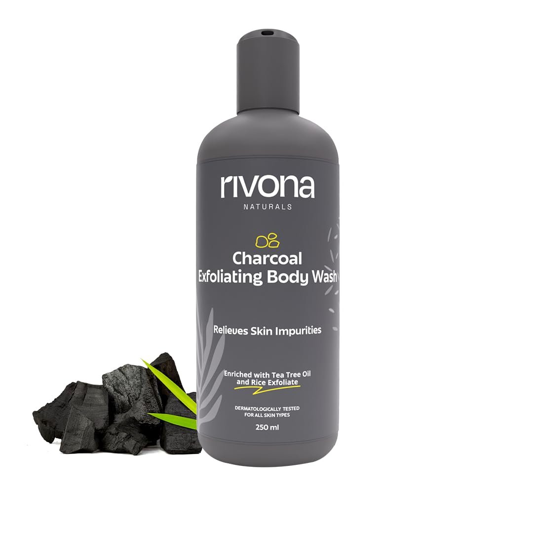 Rivona Naturals Charcoal Gentle Body Wash | Rice Powder + Activated Charcoal |Exfoliating Cleansing and Tan Removal |Refreshing Fragrance| For Men & Women |All Skin types |250 ml
