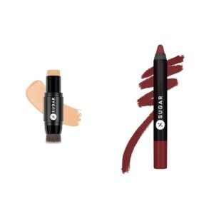 SUGAR Cosmetics Ace Of Face Foundation Stick - 32 Cortado (Medium Foundation with Golden Undertone) - Waterproof & SUGAR Cosmetics Matte As Hell Mini Crayon Lipstick - 15 Stephanie Plum