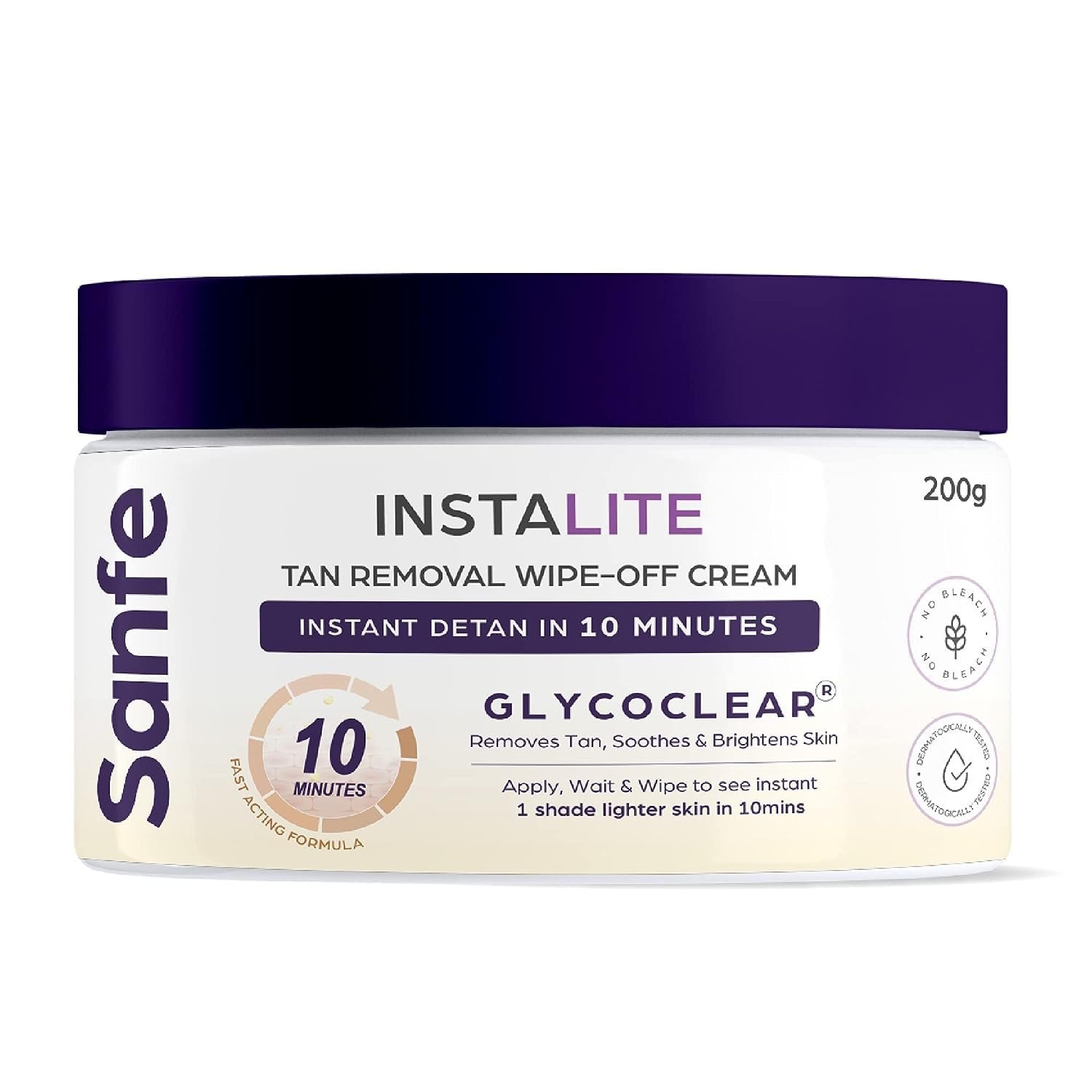 Sanfe Detan Cream Instalite Detan Wipe Off 200 gm | With Glycoclear Technology | 1 Tone Brighter in 10 mintues | For Legs, Arms, Underarms and Back | Detan Cream Pack for Tan Removal & Glowing Skin