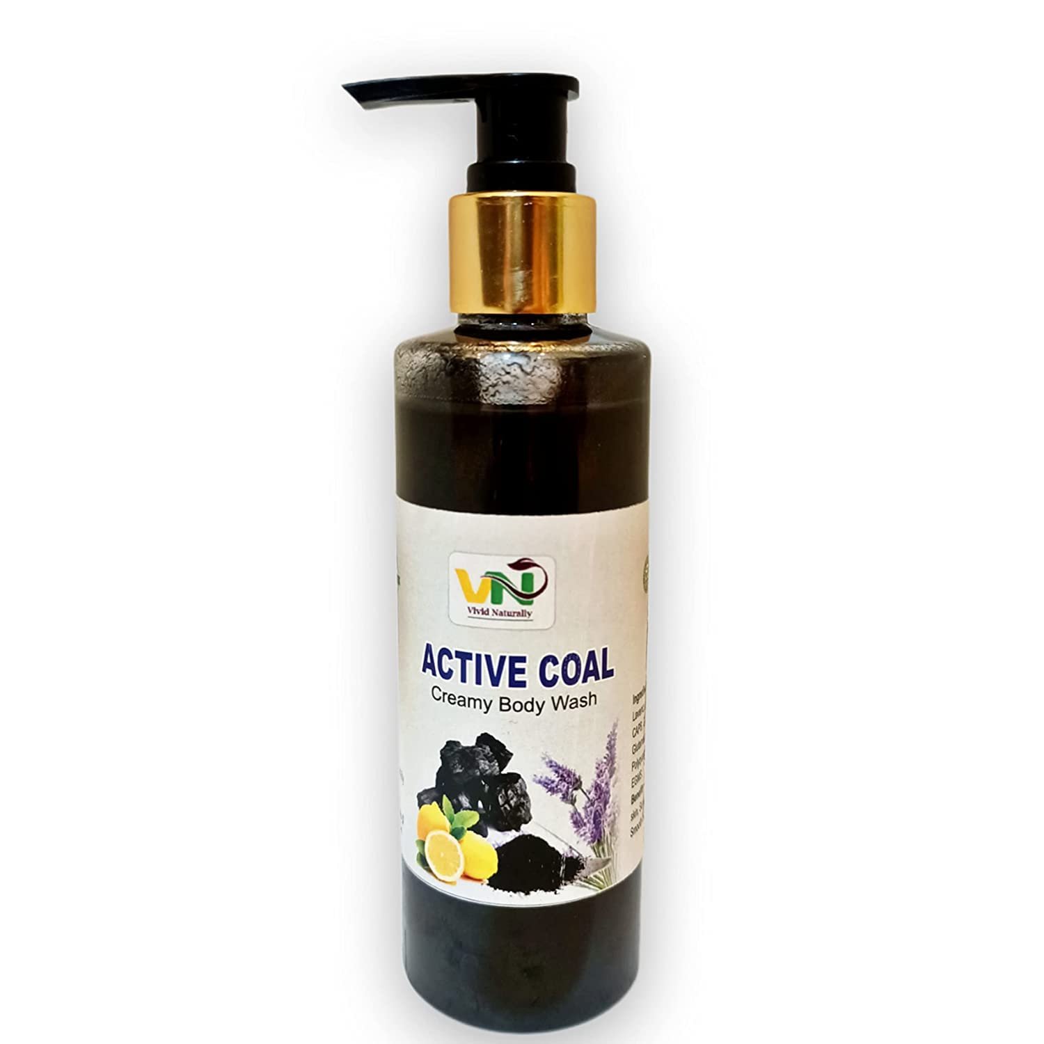 Vivid Naturally Handmade Active Coal Creamy Body Wash - Deep Cleansing, Sun Tan Removal, Brightening, Smooth & Soft Skin | Activated Charcoal, Lemon Oil, Lavender Oil - 220ml