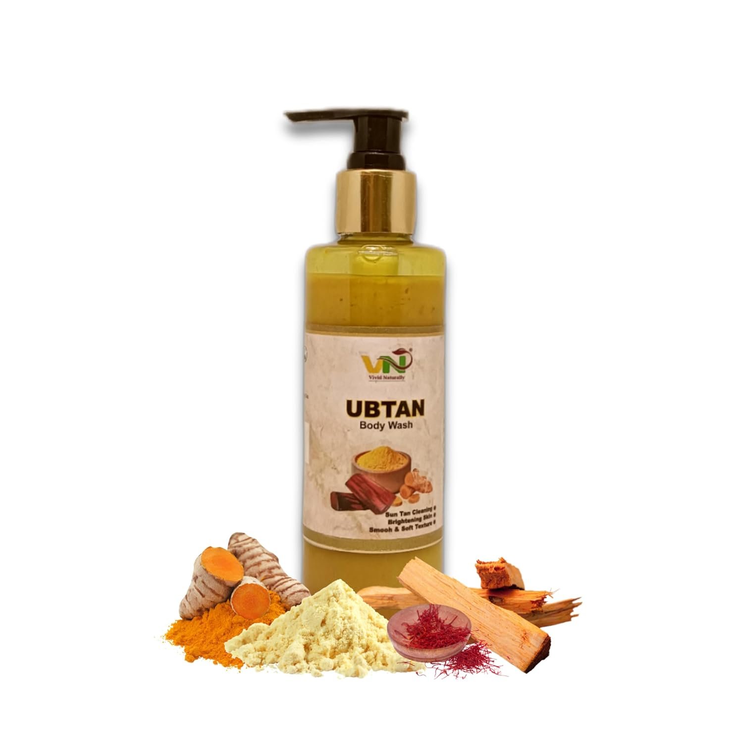 Vivid Naturally Ubtan Body Wash - 220ml | Brightening, Sun Tan Cleaning, Smooth & Soft Skin | Besan, Wild Turmeric, Red & White Chandan | Gentle & Effective Natural Cleanser