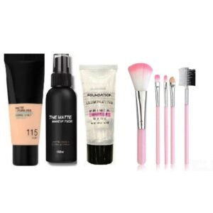 Women's & Girl's 5Pcs Pink Makeup Brushes Set with 1 Matte Fixer Spray, 1 Foundation Illuminating Waterproof Makeup Base Primer and 1 Foundation - (Pack of 8)