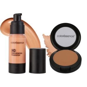 COLORESSENCE High Definition Liquid Foundation Full Coverage Lightweight Waterproof with Matte Bronzer Contour Powder Natural Highlighter for Face Sculpting Sun Kissed Look | 10 gm
