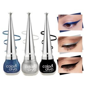 Color Diva Color Eye Liner | Water Resistant & Long-Lasting | Shimmery & Satin Finish | Pack of 3 (Blue, Sliver, Black)