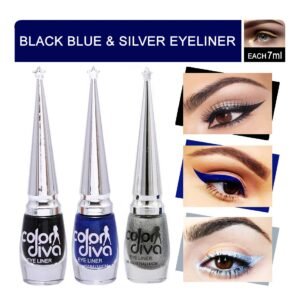 Color Diva Eye Liner, Water Resistant, Long-Lasting, 6ml (Black, Silver, Blue) Matte, Shimmery & Satin Finish