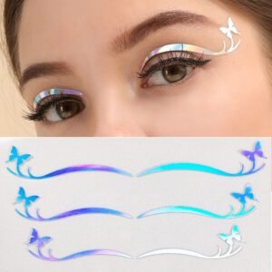 S.A.V.I 3 Pairs Holographic Silver AB, Eye Makeup, Butterfly Eyeliner Mask Self-adhesive Sticker, Trending Fashion for Women Girls Events Party Club Weddings